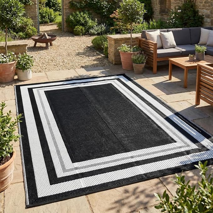 Garvee 8x10 Outdoor Rug Waterproof Plastic Straw Rug Outdoor Patio Rugs Reversible Mat Easy Clean Foldable Lightweight Large Area Rugs for Patio Porch Backyard Camping RV Beach Balcony Panel White
