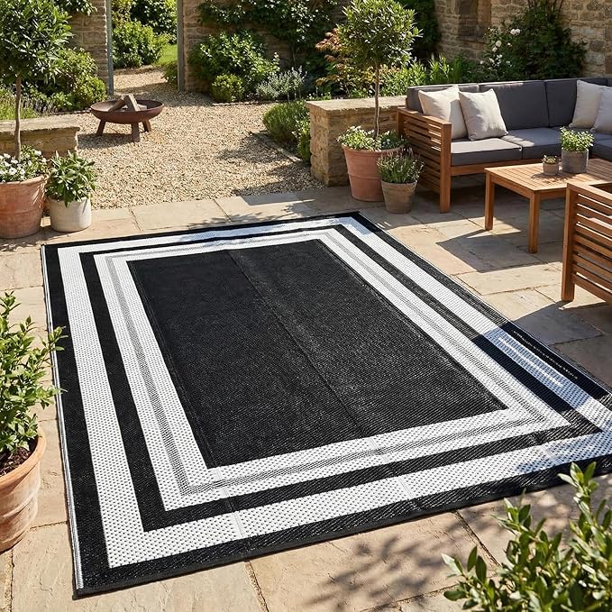 Garvee Outdoor Rug 9x18 Outdoor Patio Rug Waterproof Foldable Mat Reversible Plastic Straw Rugs Easy Clean Lightweight Carpet for Balcony Deck Picnic Backyard Camping Porch RV Beach Panel White