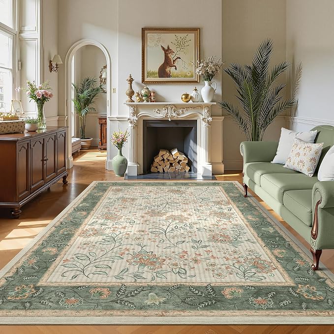 GarveeHome 9x12 Sage Green Washable Large Area Rug Living Room Non Slip | Soft Country Mat Carpet Indoor Botanical Floral Rug for Bedroom Dining Room Playroom Nursery Room Home Office