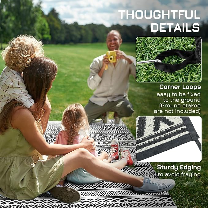 Outsunny Outdoor Rug for Patio, 8' x 10' Waterproof Large Mat, Reversible Plastic Straw Rug for Decor, Portable Outside RV Camping Area Carpet Mat for Backyard Porch Deck Picnic, Gray & Cream Boho
