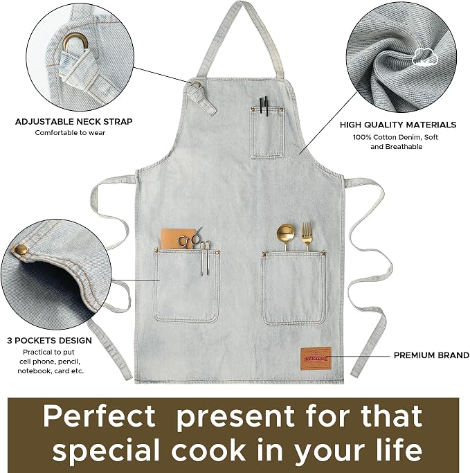 Denim Chef Apron for Women with Pockets, Jean Waitress Server Kitchen Apron for Men Cooking Gardening Painting