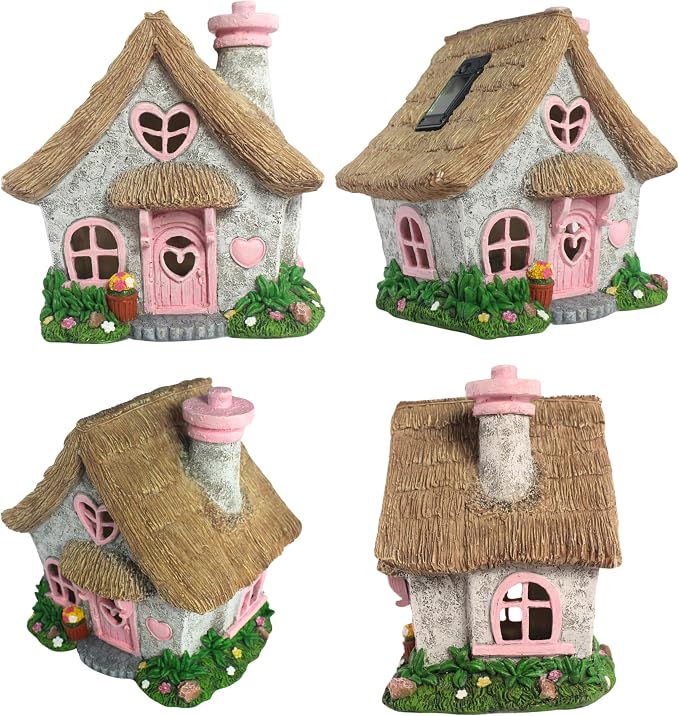 PRETMANNS Fairy House for Outside with Solar Powered LED Lights for Garden - Fairy Garden Houses for Outdoor - Miniature Accessories for Cottage Decor for Village - 7.56” High, Pink