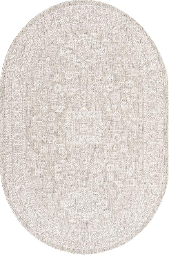 Unique Loom Outdoor Aztec Collection Area Rug - Chalca (5' 3" x 7' 10" Oval, Light Gray/ Ivory)