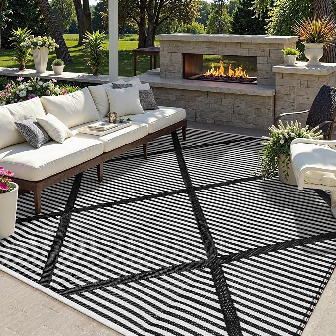 Lahome 9x12 Outdoor Rug Waterproof, Plastic Straw Reversible Outdoor Patio Rug, Modern Portable Outside Camping Mats for Balcony Tent Deck Backyard, Black 9'x12'
