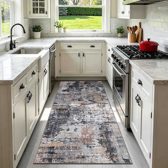 Sasttie 2x6 Runner Rug, Modern Abstract Hallway Carpet, Black & Cream | Machine Washable, Ultra-Soft Faux Wool, Low Pile, Non-Slip, Thin, for Entrance, Entryway, Kitchen & Laundry Room