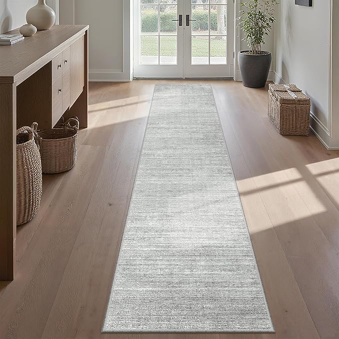 Valenrug 2x12 Runner Rug Non Slip, Washable Rug Runners for Hallways, Grey | Soft Low Pile, Thin & Lighweight Carpet, Folable Stain Resistant Modern Indoor 12ft Floor Mat for Living Room,Bedroom,Kitchen