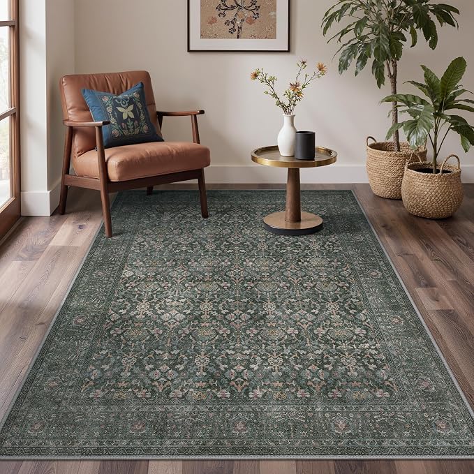 6x9 Area Rugs for Living Room, Washable Low Pile, Charcoal Taupe | Vintage Distressed Design, Spill Resistant Lightweight Non-Shedding Carpet for Bedroom, Dining Room, Office