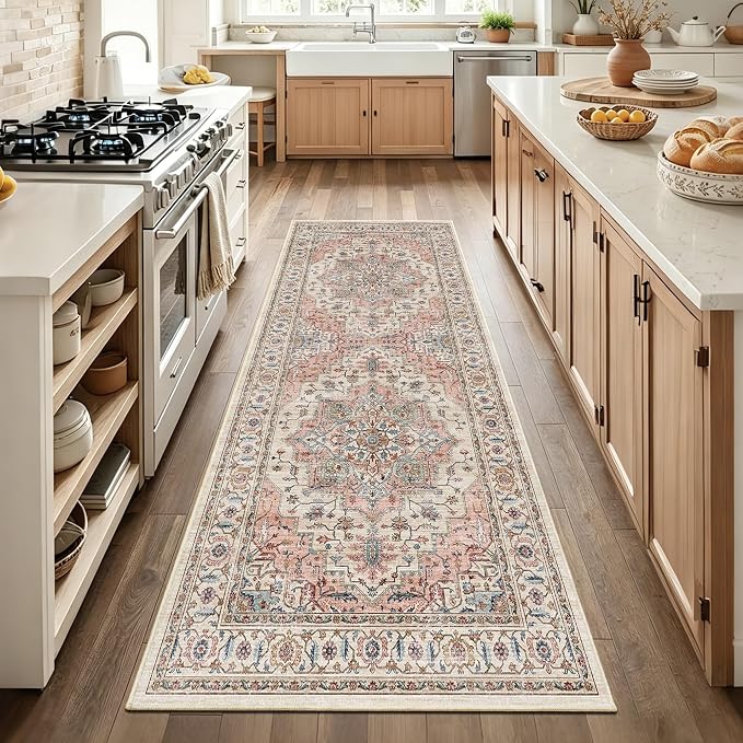 3x7 Vintage Runner Rug Low Pile Non-Slip Washable Hallway Rug | Retro Distressed Print Rug Non-Shedding Beige Pink Carpet Stain Resistant Long Rug for Hallway Kitchen Bedroom Laundry Room