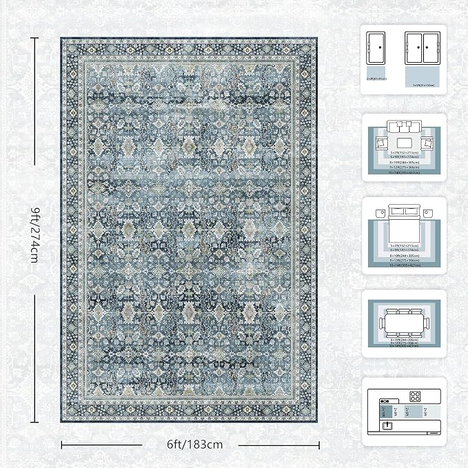 6x9 Area Rugs - Washable Vintage Retro Living Room Rug, Soft Ultra Thin Non Slip Low Pile Traditional Distressed Boho Carpet for Bedroom Dining Room Nursery Home Office, Blue