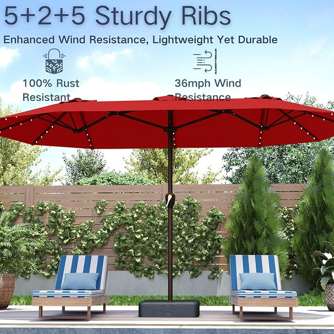 Kingdura 15ft Large Patio Umbrella with Solar Lights, Double-Sided Rectangle Lighted Outdoor Table Umbrella with Base Included, 12 Reinforced Ribs, 48 Led Lights, Crank Lift for Market Pool Deck Backyard, Red