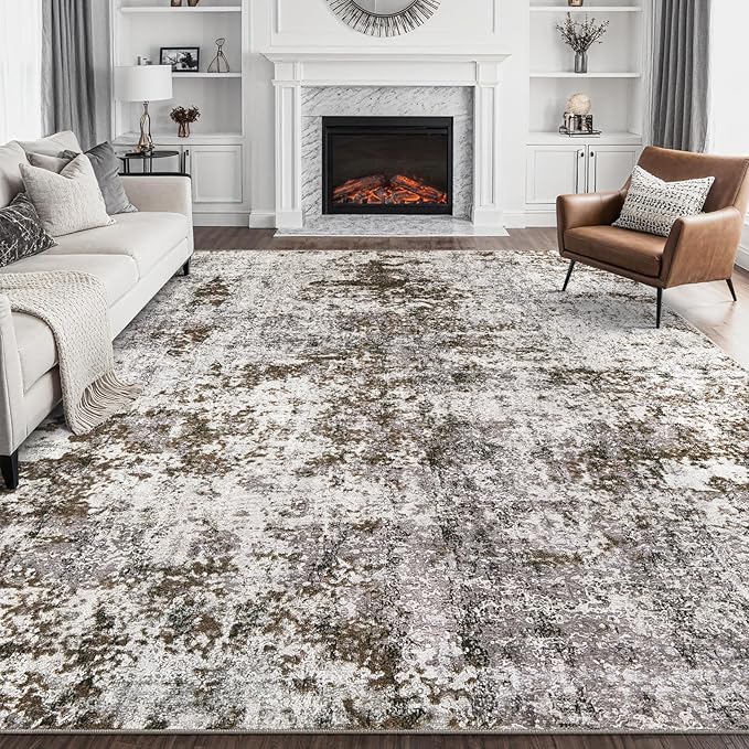 DMOYEST 8x10 Area Rug for Living Room Washable Abstract Indoor Carpet | Neutral Modern Low Pile Rugs Kid & Pet Friendly Large Soft Thin Carpet for Bedroom Dining Room - Dark Brown