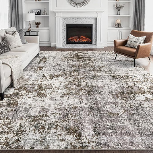 DMOYEST 9x12 Area Rug for Living Room Washable Abstract Indoor Carpet | Neutral Modern Low Pile Rugs Kid & Pet Friendly Large Soft Thin Carpet for Bedroom Dining Room and Office - Dark Brown