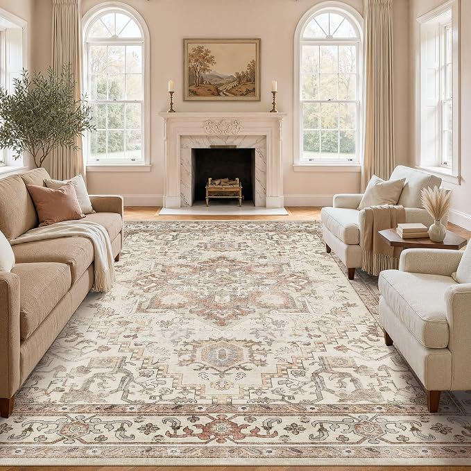 DTICON Vintage Washable 8x10 Area Rug Living Room Rugs, Beige | Boho Distressed, Pet & Kid Friendly, Non-Slip Backing, Soft Polyester, Low-pile Carpet for Living Room, Bedroom, Dining Room