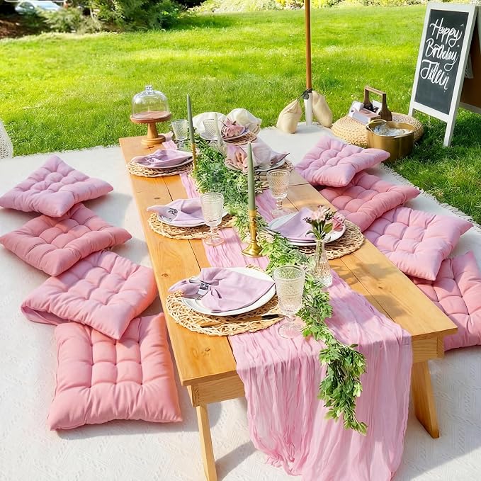 8 Pcs Fit for 6 People 91 x 71'' Extra Large Outdoor Picnic Blanket with Pink Table Runner and Pink Floor Pillow Cushion Fit for 6 People Picnic Wedding Birthday Baby Shower Backyard Decor