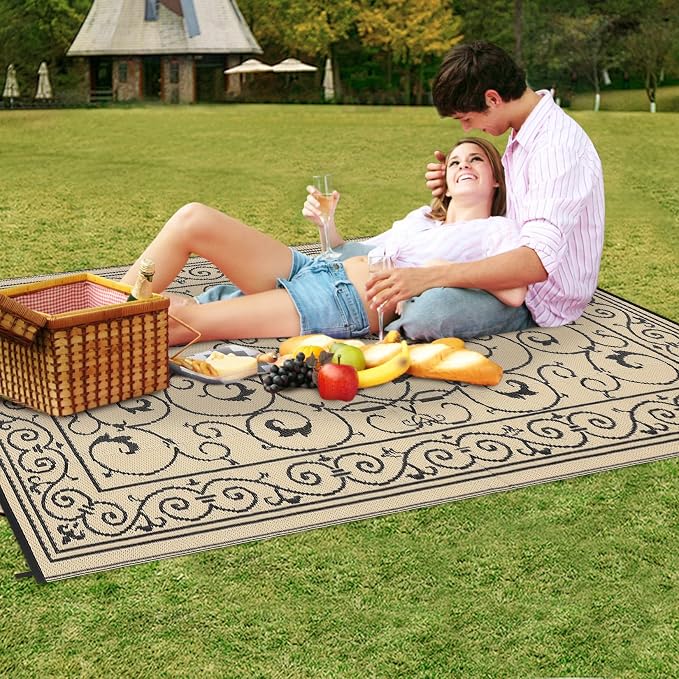 Garvee 8x10 Outdoor Rug Waterproof Plastic Straw Rug Outdoor Patio Rugs Reversible Mat Easy Clean Foldable Lightweight Large Area Rugs for Patio Porch Backyard Camping RV Beach Balcony Vintage Beige