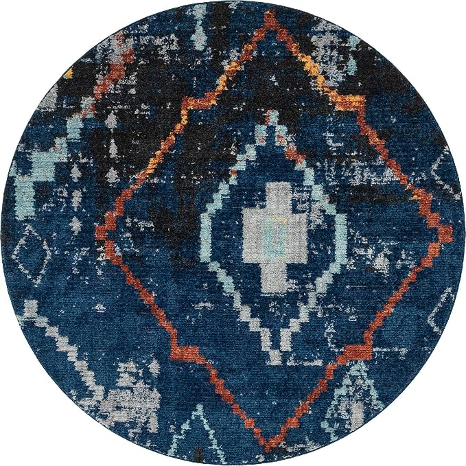 Unique Loom Morocco Collection Tribal, Southwestern, Bohemian Area Rug (7' 0 x 7' 0 Round, Navy Blue/Gray)