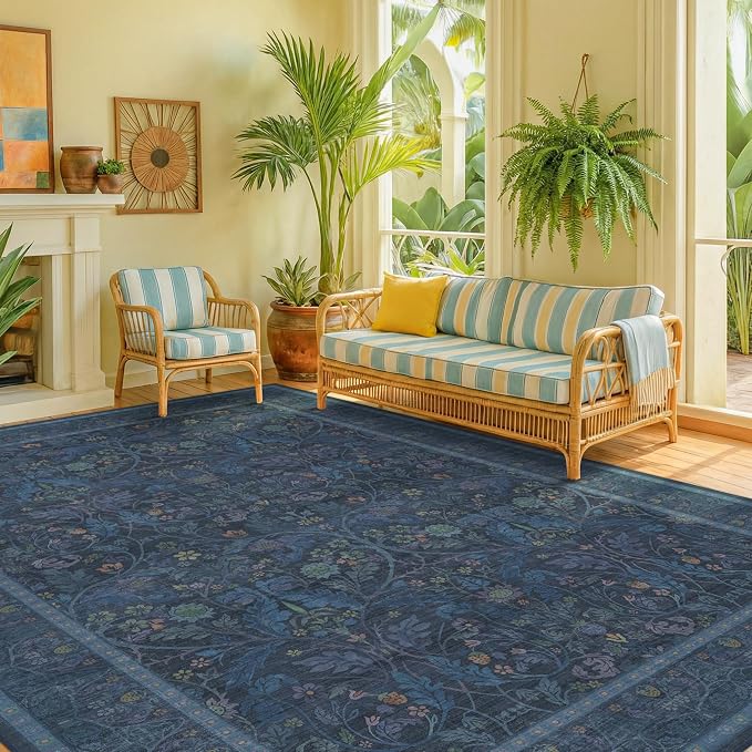 9x12 Vintage Big Floor Rugs for Living Room, Machine Washable Soft Dark Blue Rugs for Bedroom, Low Pile Carpet with Vintage & Boho Décor Floral and Botanical Pattern