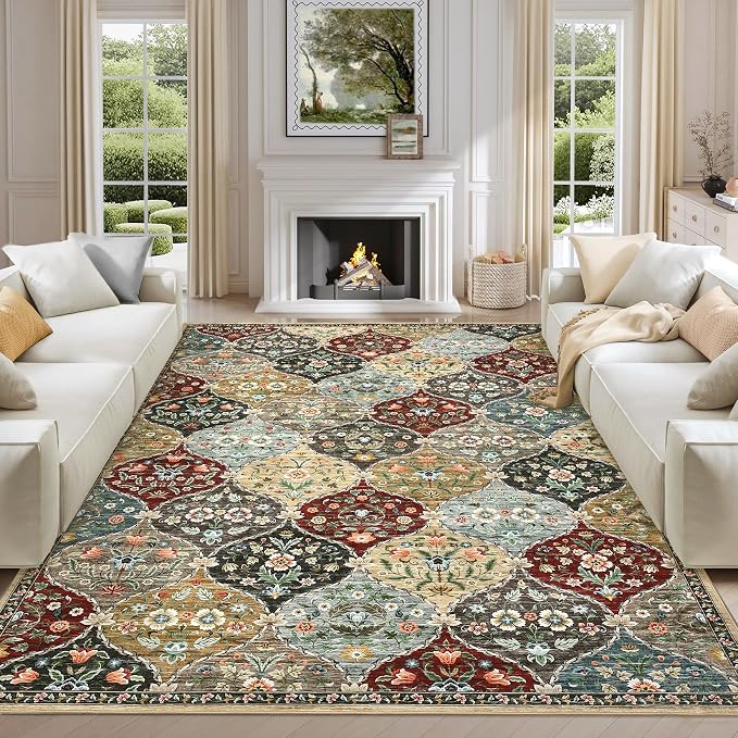 ROYHOME 9x12 Area Rug Large Trellis Machine Washable Rug for Living Room | Stain Resistant Non-Slip Accent Rug Carpet Farmhouse Vintage Distressed Floral Floor Cover for Home Decor, Red/Brown