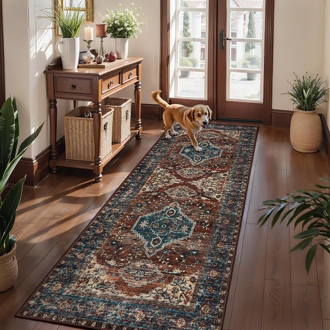 Tangsoo Oriental 3x6 Washable Runner Rugs for Hallway, Non Slip Runner Rug | Vintage Print Carpet Runner, Boho Soft Low Pile Accent Runner Rug for Entryway Living Room Dining Bedroom Bedroom Rust/Blue