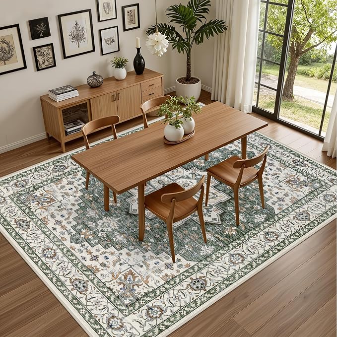 10x12 Area Rugs Living Room: Washable Rug for Bedroom Green Ivory | Vintage No Slip Stain Resistant Rug Soft Indoor Decor Floor Floral Area Rugs for Dining Room, Nursery, Hallway, Home Office