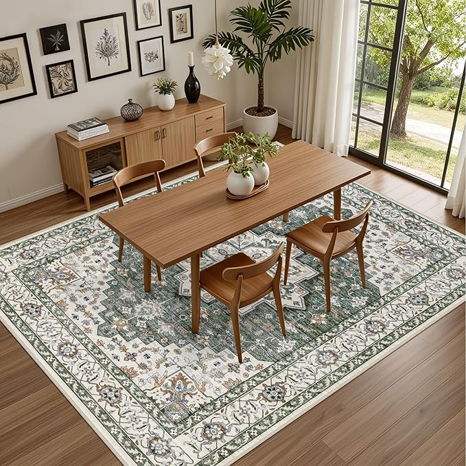 8x10 Area Rugs Living Room: Washable Rug for Bedroom Green Ivory | Boho No Slip Stain Resistant Rug Soft Indoor Decor Floor Floral Area Rugs for Dining Room, Nursery, Hallway, Home Office