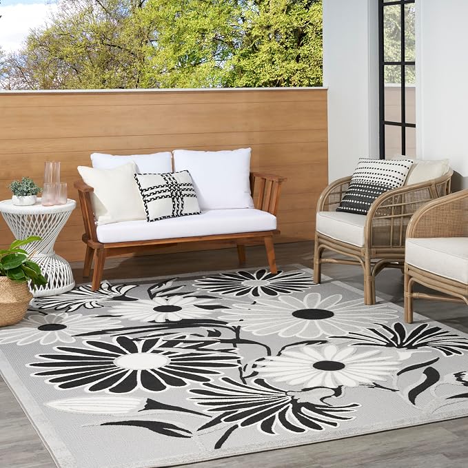 Nourison Home Aloha Black White 6' x 9' Area Rug - Easy Clean, Non Shedding, Bed Room, Living Room, Dining Room, Kitchen (6' x 9')