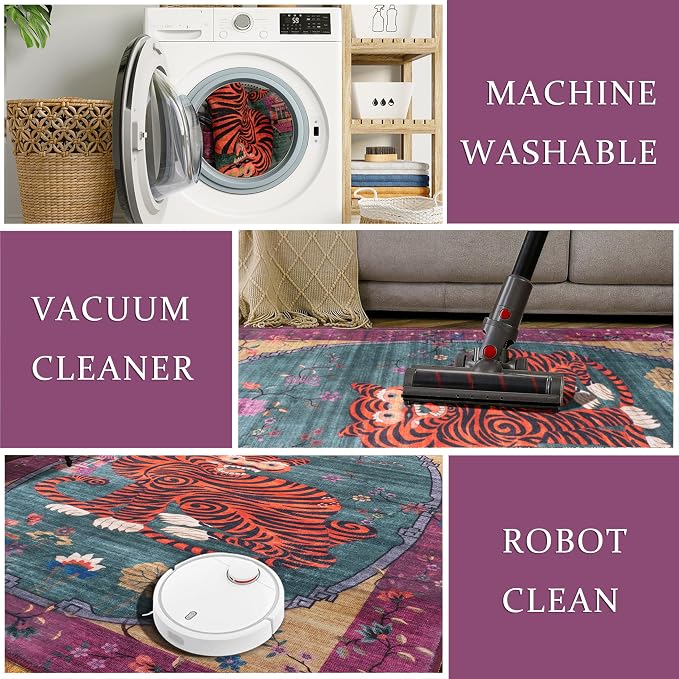 Tiger Rug Washable 3x5 ft Oriental Traditional Animal Print Vintage Fuchsia Floral Tibetan Rugs for Bedroom Kitchen Living Room Indoor Entryway