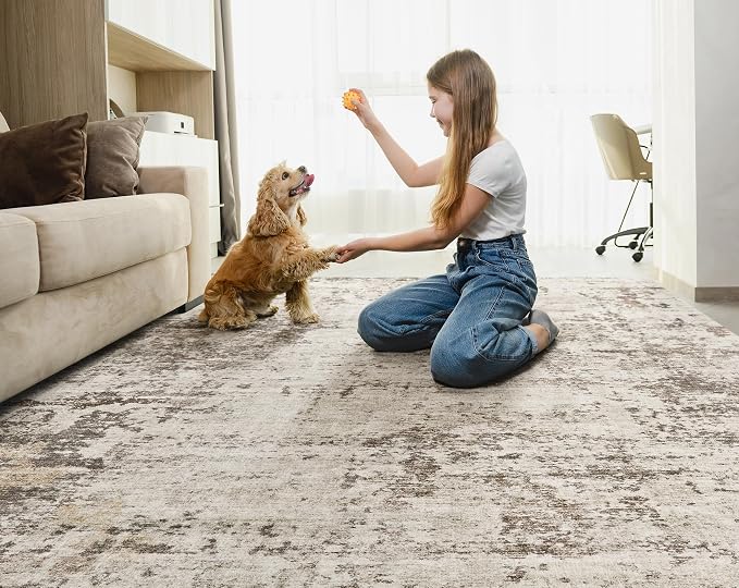 UERMEI 7x9 Area Rug Living Room Rugs - Washable Neutral Modern Abstract Soft Thin Large Rug Indoor Floor No Slip Rug Carpet for Bedroom Under Dining Table Home Office Decor - Dark Brown