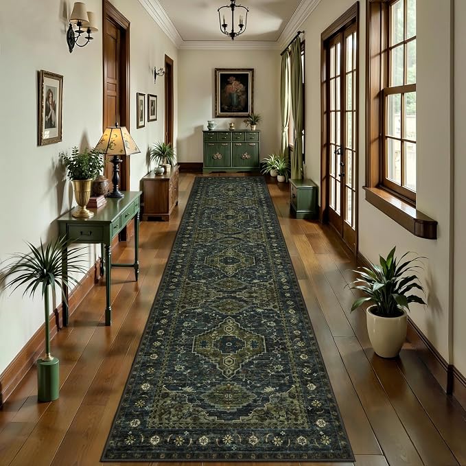 Tangsoo Oriental 2.6x12 Washable Hallway Runner Rug,Green Non Slip Long Rug | Vintage Soft Low Pile Rug Runner, Boho Print Carpet Runners for Hallway Kitchen Bedroom Entryway Living Room Olive Green