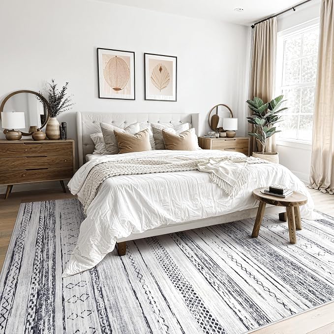 Tortania Area Rug Living Room Rugs - 8x10 Washable Large Soft Neutral Boho Moroccan Bohemian Farmhouse Rug Indoor Floor Carpet for Bedroom Under Dining Table Home Office Decor - Grey