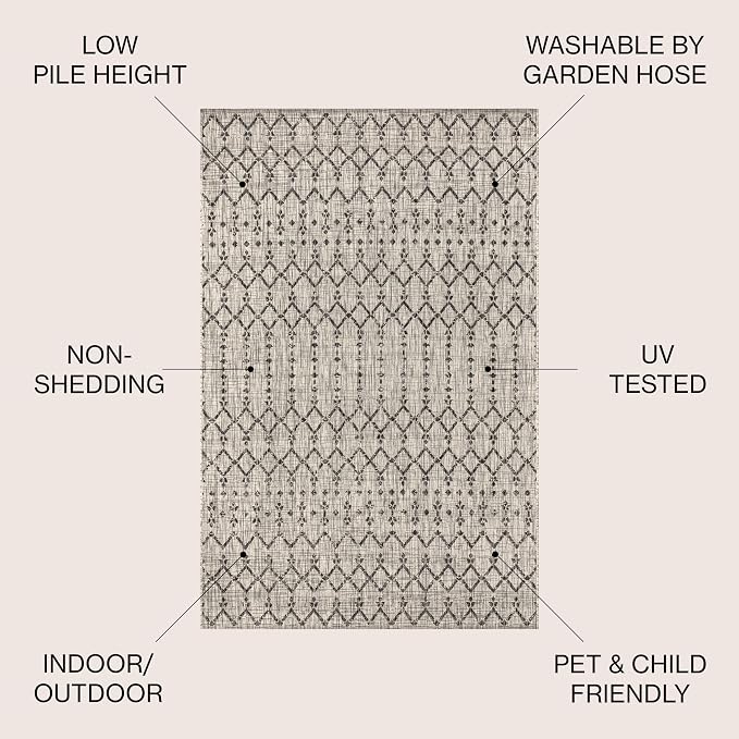 JONATHAN Y Moroccan Geometric Indoor Outdoor Square Area Rug 8X8 Light Gray/Black, Ourika Textured Weave for Backyard, Patio, Porch, Easy-Cleaning, High Traffic Pet-Friendly, Non-Shedding SMB108E-8SQ