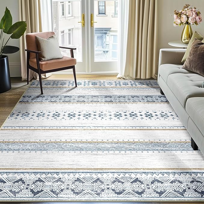 6x9 Washable Area Rugs for Living Room Boho Bedroom Rug Blue/Brown | Vacuum Friendly, Machine Washable, Non-Slip Rug, Stain Resistant, Moroccan Geometric, Low Pile Carpet, Dining Room Kitchen