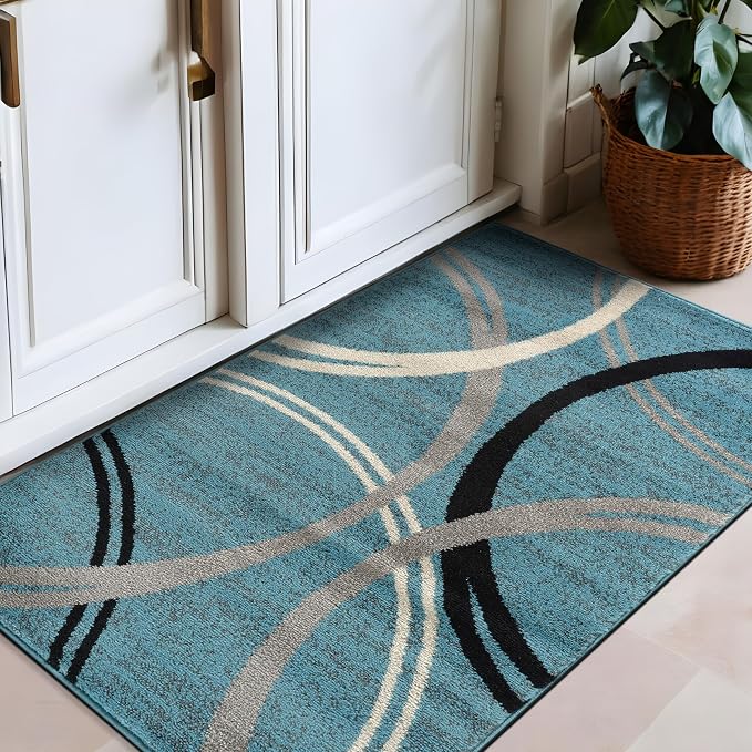 Rugshop Wavy Circles Modern Accent Fade-Resistant Area Rug Blue 2'7" x 4' | Rectangular, Size 2'7" x 4', Living Room, Bedroom, Dining Room, Home Office, Kitchen, Entryway, Hallway, Nursery, Kids Room