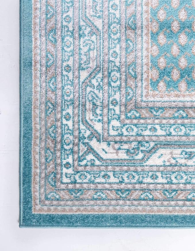 Unique Loom Williamsburg Collection Traditional Border with Dotted Center Area Rug (10' 0 x 14' 0 Rectangular, Teal/Beige)