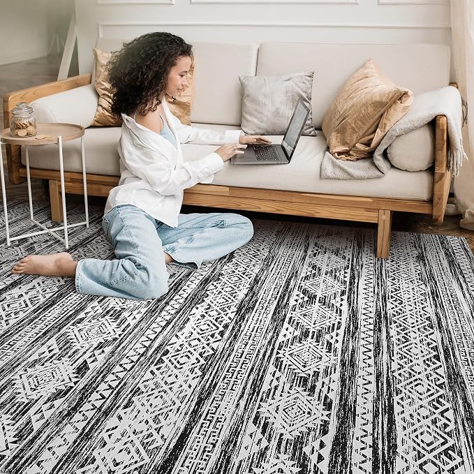 Tortania Area Rug Living Room Rugs - 10x12 Washable Large Soft Neutral Boho Moroccan Bohemian Farmhouse Rug Indoor Floor Carpet for Bedroom Under Dining Table Home Office Decor - Black White