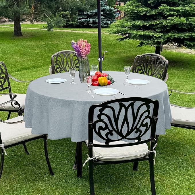 LUSHVIDA Outdoor Tablecloth with Umbrella Hole - Patio Table Cloth Zippered Round 60 Inch, Light Gray Linen-Look Polyester Table Cover Water Resistant for Picnic Outside