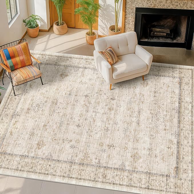 Washable Cream Rug 4x6 for Office, Bedroom, Non Slip Rugs for Kitchen, Mudroom, Low Pile Neutral Farmhouse Retro Small Living Room Carpet