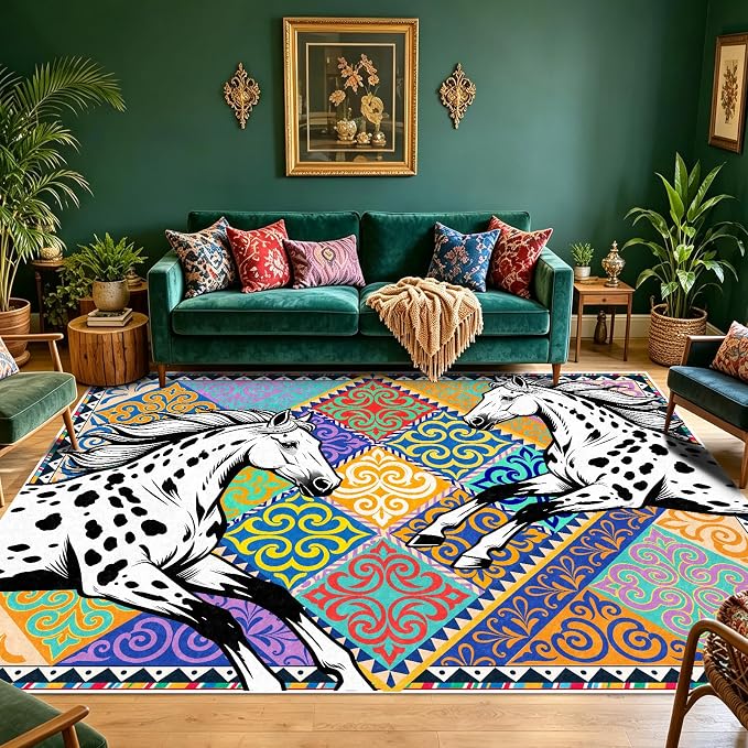 Vintage Appaloosa Horse Rug 5x7 Area Rug for Living Room ﻿ | Animal Print Rug, Boho Ethnic Geometric Pattern Rug, Non-Slip TPE Backing, Stain Resistant for Bedroom Dining Room Playroom
