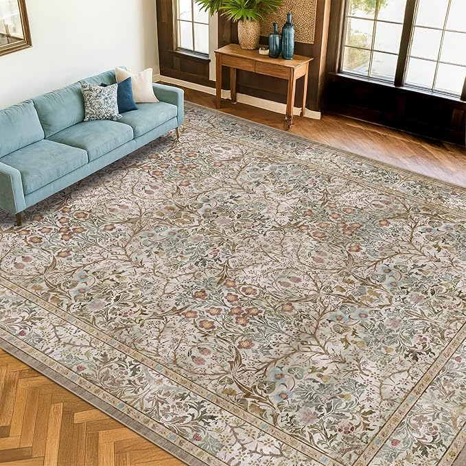 Washable Living Room Rug 10x12 - Moss Green Oriental Area Rug for Dining Room Under Table, Low Pile Non-Slip Floor Carpet for Bedroom Under Bed - Vintage Earthy Design & Stain Resistance