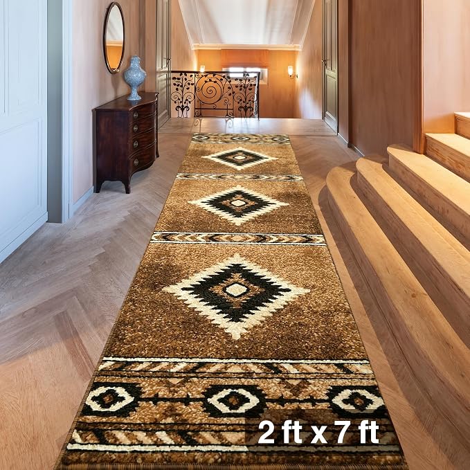 YHSF Southwestern Area Rug - Anti Static & Washable - Cigar, 2 ft x 7 ft | Soft Native American Tribal Floor Rugs for Living Room, Bedroom, Hallways, and More - Easy-to-Clean Home Decors