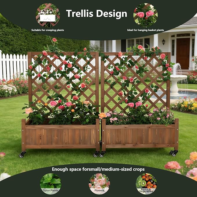 2 Pack Trellis Raised Garden Bed with Wheels, 38" Tall Wooden Planter Box with Trellis, Lattice Privacy Screen with Drainage Holes for Patio Balcony Garden