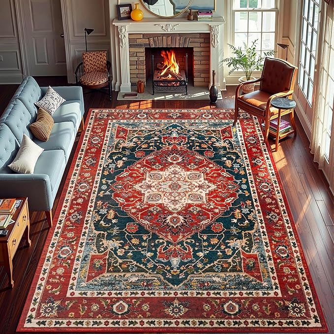 YJ.GWL Area Rugs for Living Room 8x10 Machine Washable Rugs, Non Slip Floral Vintage Rug Indoor Carpet, Stain Resistant Large Rug for Bedroom Dining Room, Orange-Red