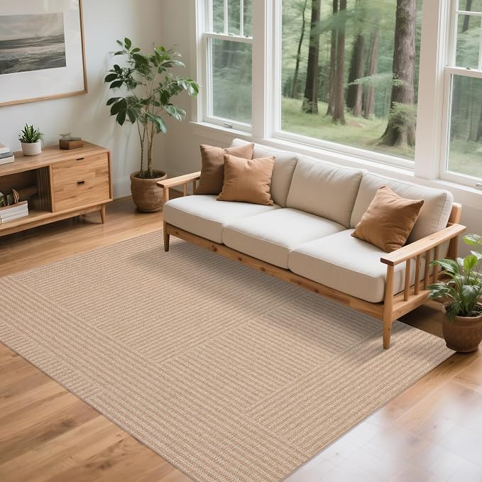 Easy Jute Rug 8x10 Outdoor: Natural Area Rugs for Patio Linen-Look Durable - Neutral Large Washable Carpet for Living Room Bedroom Dining Room Non-Slip - Beige Stripes