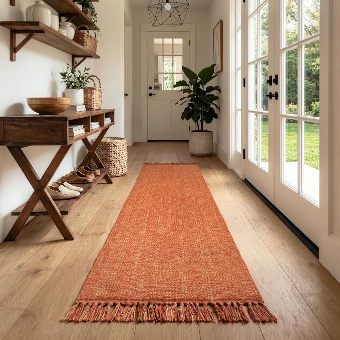 2.6' x 8' Fall Kitchen Runner Rug, Boho Farmhouse Rugs for Hallway | Modern Washable Bathroom Mat Terracotta Woven Entry Hall Rugs, Braided Bedside Carpet for Front Door Porch Patio Fall Decor