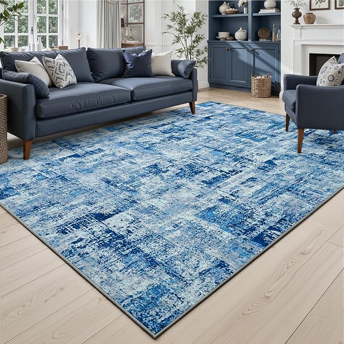Toneed Washable 5x7 Area Rug with Non-Slip Backing for Living Room | Abstract Modern Rugs, Soft Low Pile Carpet for Bedroom Kitchen Dining Room Nursery Indoor Floor Office Home Decor, Denim Blue