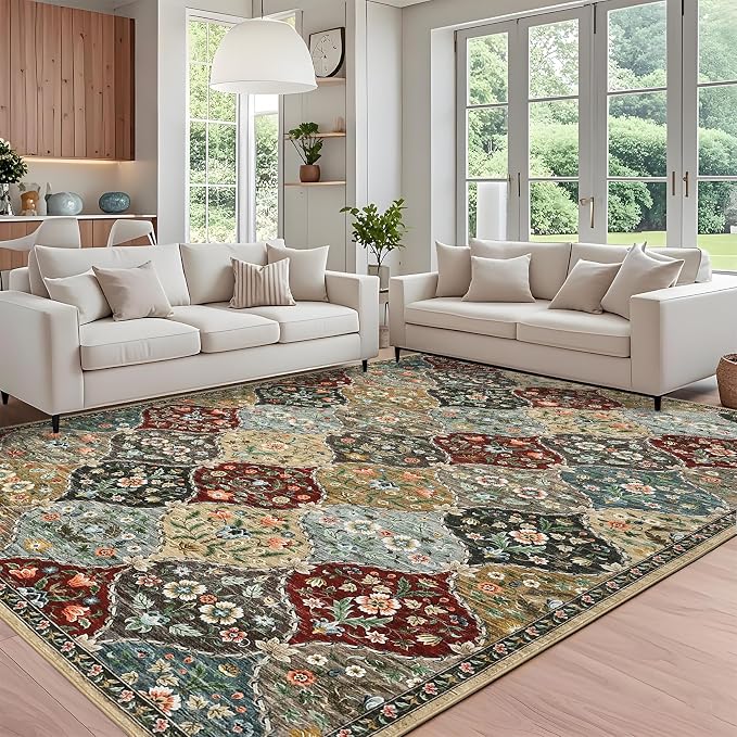ROYHOME Area Rug 10x13 Extra Large Rug Trellis Machine Washable Rug | Stain Resistant Non-Slip Carpet for Living Room Farmhouse Vintage Distressed Floral Floor Cover for Bedroom, Red/Brown