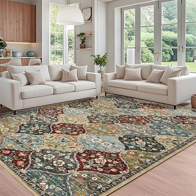 ROYHOME 8x10 Area Rug Trellis Floral Machine Washable Rug for Living Room | Accent Rug Stain Resistant Non-Slip Carpet Farmhouse Vintage Distressed Floral Floor Cover for Home Decor, Red/Brown