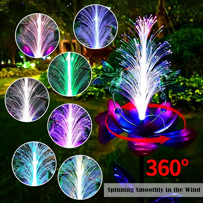 Solar Hummingbird Wind Spinners, Solar Firework Lights Garden Décor, Metal Lotus Flower Windmill Colour Changing Optical Fiber Lights Yard Decoration, Outdoor Wind Sculpture for Lawn Patio,Balcony
