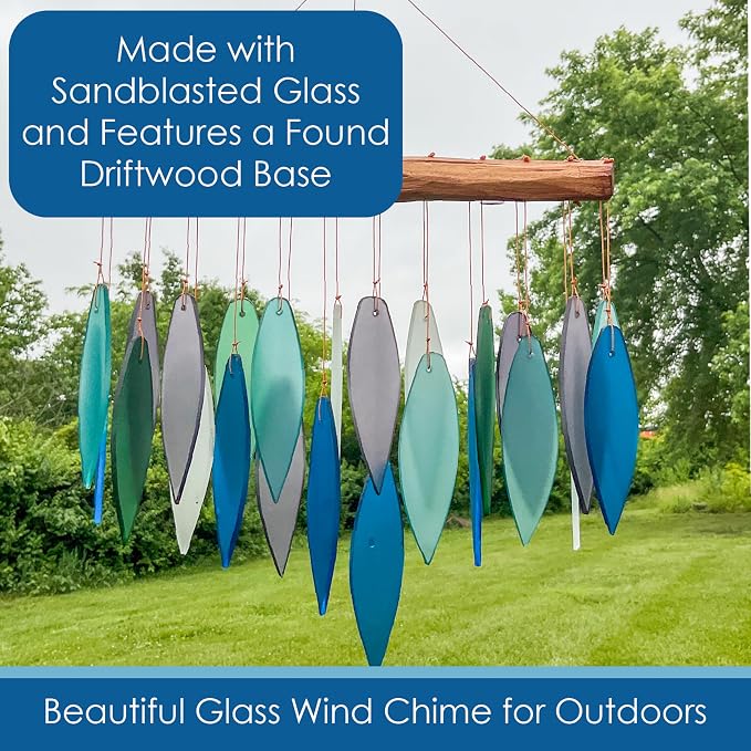 Blue Handworks Pacific Coast Glass Leaves Wind Chime | Sandblasted Glass and Found Wood Handcrafted Wind Chime