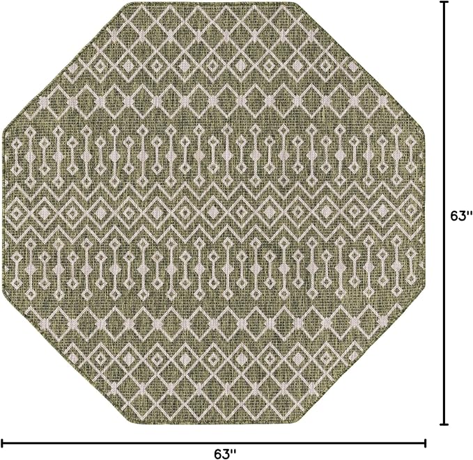 Unique Loom Outdoor Trellis Collection Area Rug - Tribal Trellis (5' 3" Octagon, Green/ Natural)
